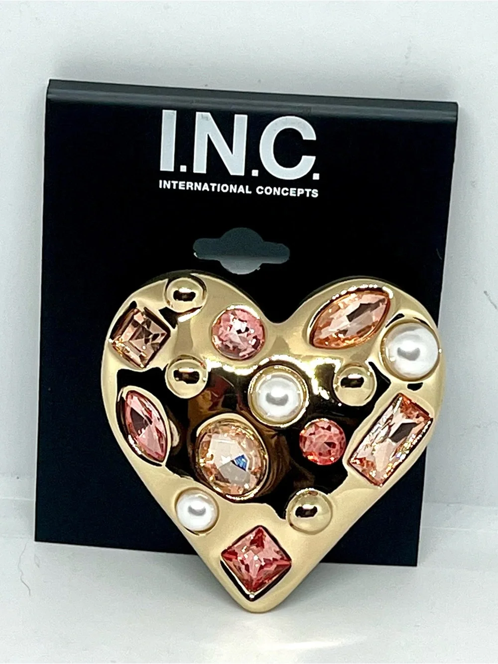 INC International Concepts Gold Heart Brooch with Pink & Pearl Accents